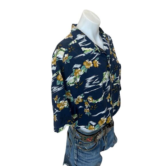 Hawaiian Shirt Button Down Crop Top One Size Boxy Coconutgirl Hibiscus Oversized - Picture 3 of 6
